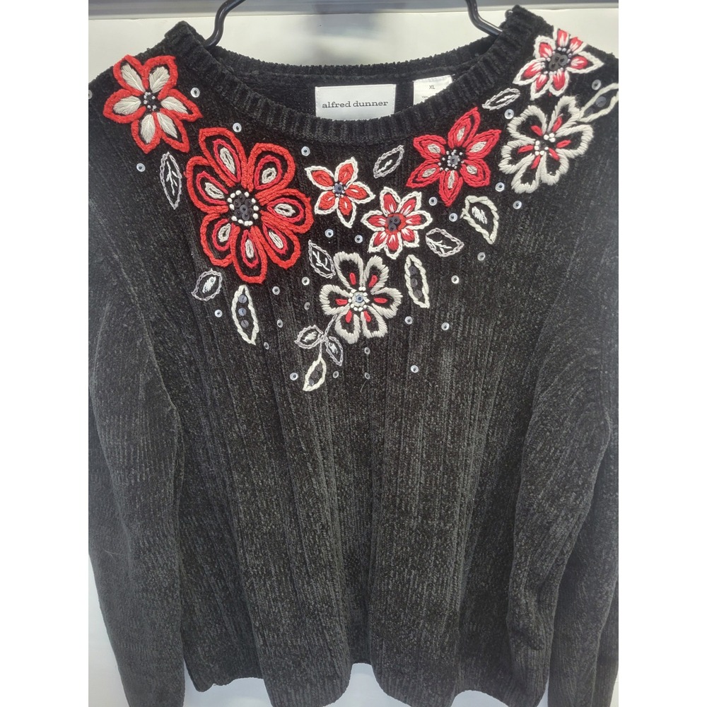 Alfred Dunner Womens XL Black Chenille Floral Embroidered Sequin Sweater Ribbed‎